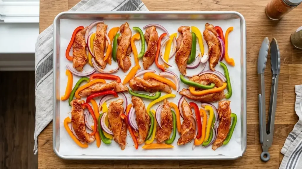Raw chicken strips and sliced peppers spread in a single layer on a large rimmed sheet pan