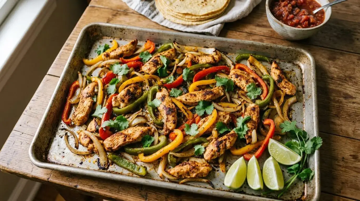 Sheet pan fajitas with browned chicken strips, peppers and onion on a large rimmed pan