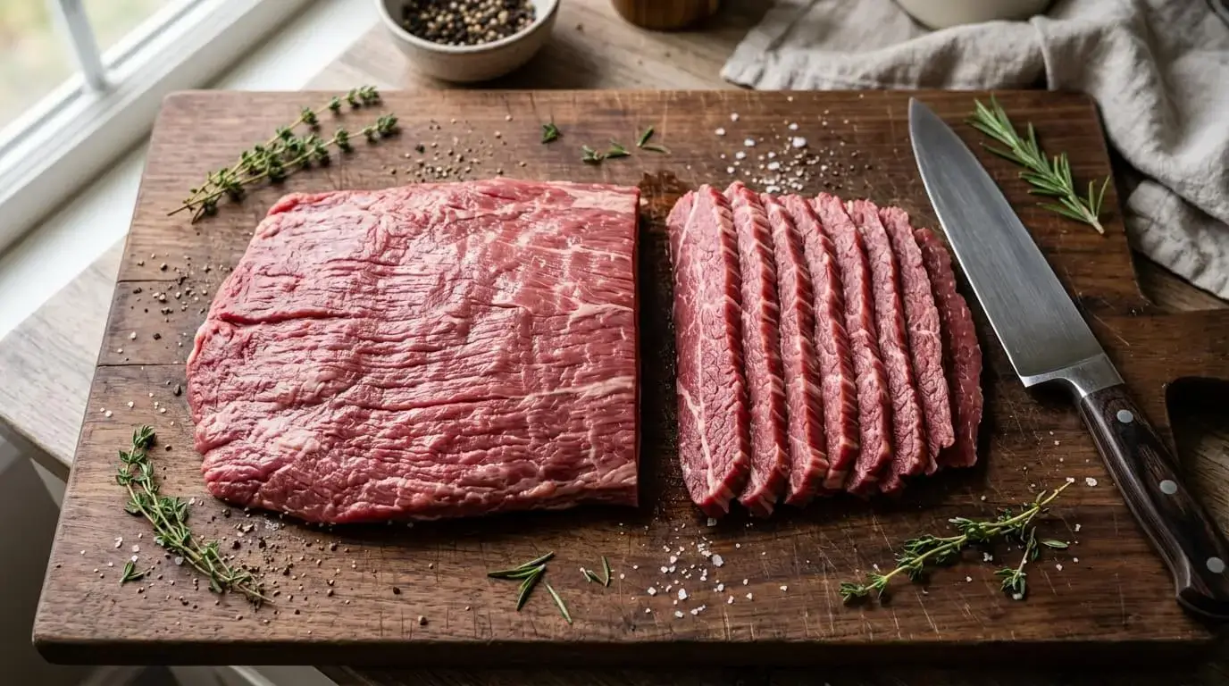 Flank steak on a cutting board with grain direction marked and thin slices
