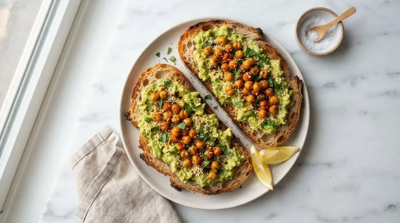 Chickpea avocado toast with seasoned chickpeas on crispy sourdough