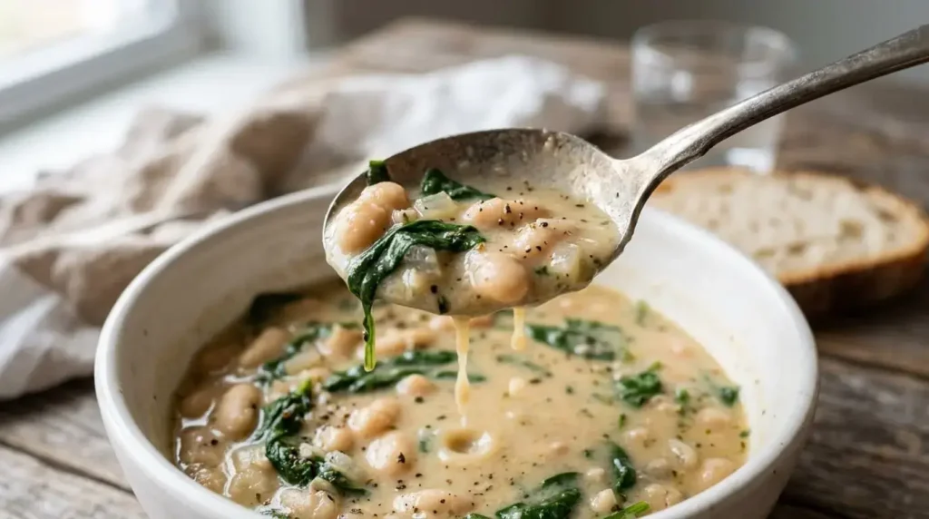 Spoon lifting creamy white bean soup with spinach showing final texture