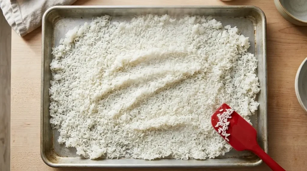 Fresh cooked rice spread thinly to dry before making egg fried rice