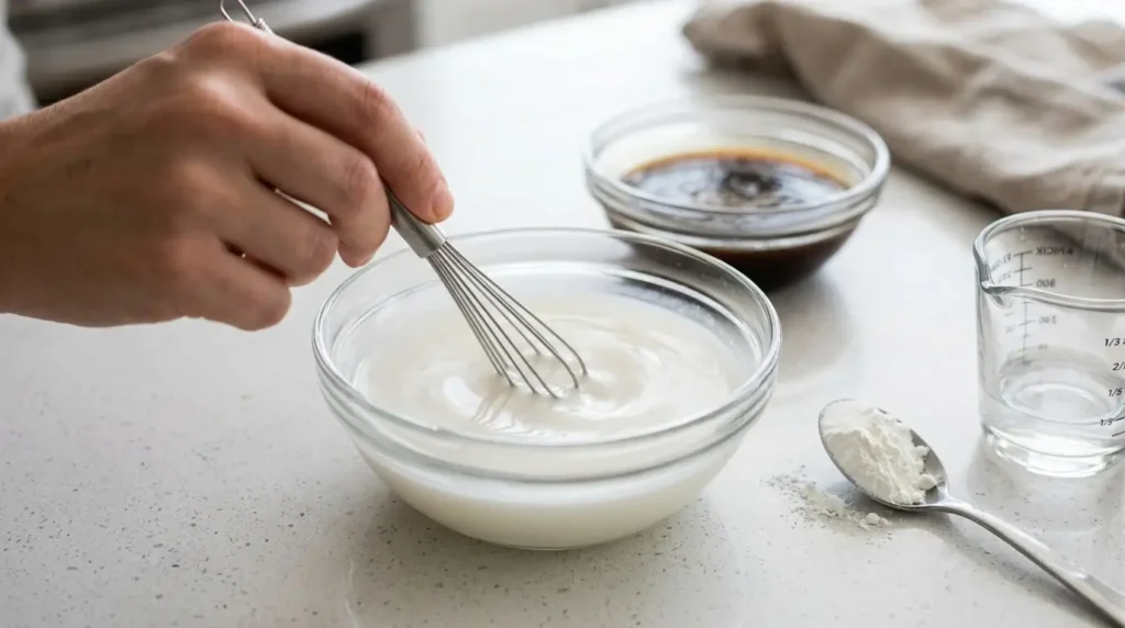 Small bowl of cornstarch and cold water being stirred into a smooth slurry