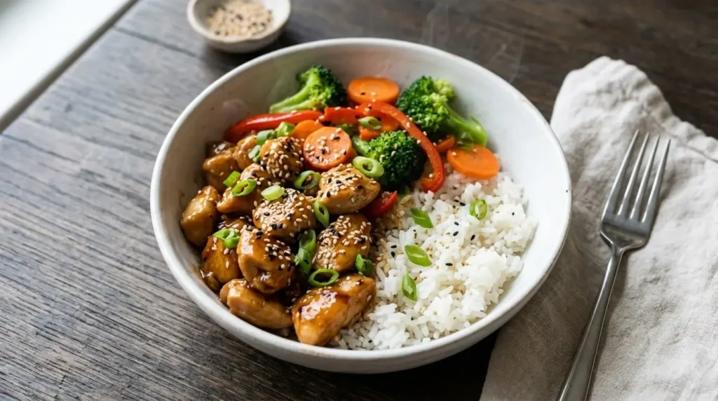 Finished teriyaki chicken bowl with glossy chicken, broccoli, carrots and red pepper over jasmine rice