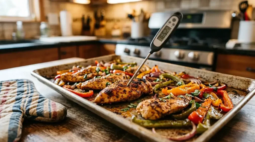 Instant-read thermometer inserted into the thickest chicken strip on a sheet pan