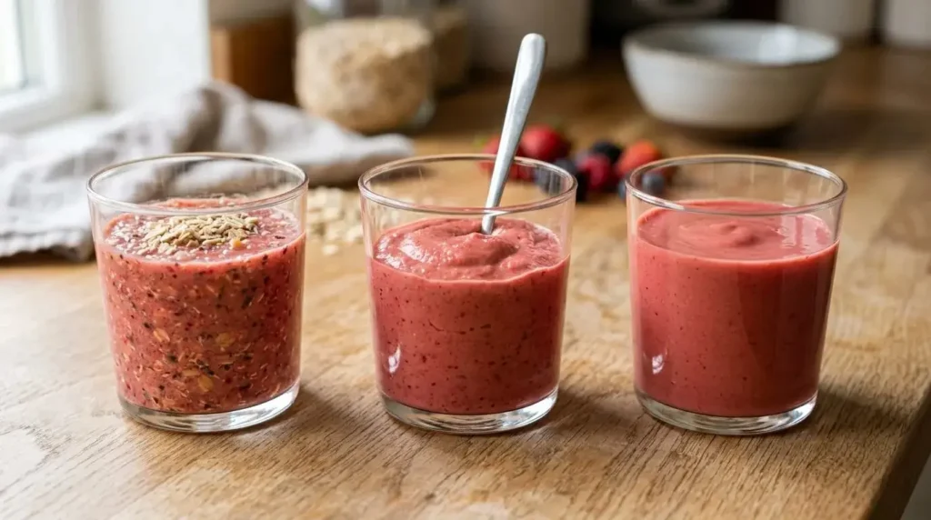 Three glasses showing a gritty, a too-thick and a smooth banana oat smoothie side by side
