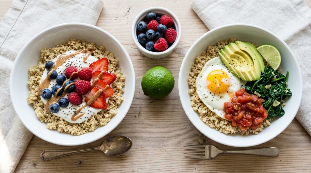 Sweet quinoa breakfast bowl with berries next to a savory bowl with egg and avocado