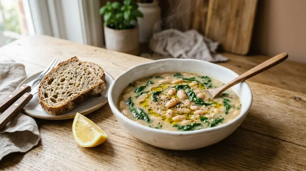 Bowl of creamy white bean soup with spinach and whole cannellini beans